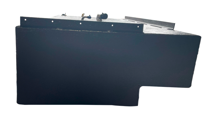 Angled top-down view of a single black marine fuel tank with a coarse finish, showing two black mounting rails and the primary fuel fittings on the top surface.