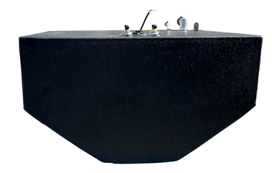 A technical side profile photograph of the center fuel tank, highlighting the sharp angle of the side walls as they taper toward the base. The image shows top-mounted brass fittings and an electrical wire, as well as the silver fill neck assembly on the left side.