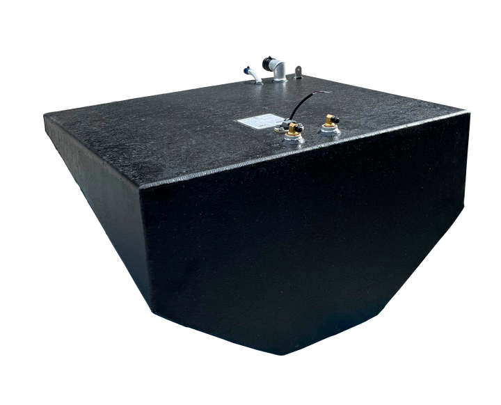 A detailed series of photos provides various angles of each tank, including high-angle overhead shots, end-on profiles showing the deep-V taper of the center tank, and side elevations highlighting the textured black coating and top-mounted brass hardware.
