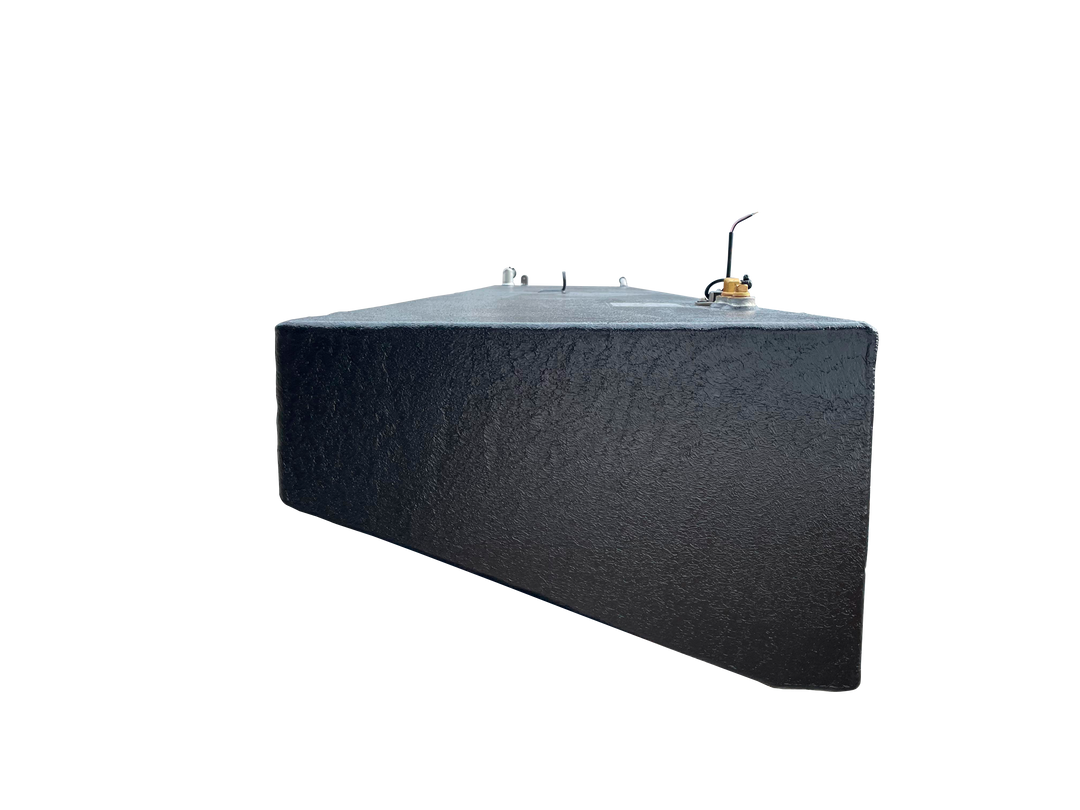 In a side view, the side tanks exhibit an elongated rectangular profile that tapers to follow the boat's lines, while the center tank features a prominent wedge-shaped "V-bottom" profile specifically engineered to fit deep within the vessel's hull. All units include integrated hardware such as top-mounted brass fittings, electrical leads for sending units, and silver-toned fill necks and vent tubes.