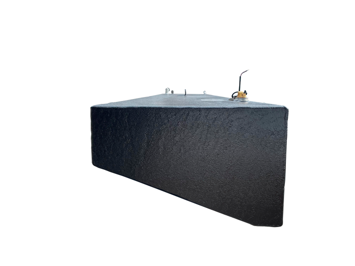 In a side view, the side tanks exhibit an elongated rectangular profile that tapers to follow the boat's lines, while the center tank features a prominent wedge-shaped "V-bottom" profile specifically engineered to fit deep within the vessel's hull. All units include integrated hardware such as top-mounted brass fittings, electrical leads for sending units, and silver-toned fill necks and vent tubes.