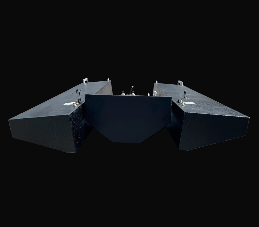 Black metal wing-like structure on a white background