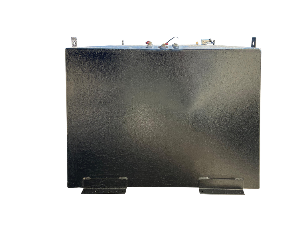 A profile photo showing the dark, heavily textured boat fuel tank. The tank features fittings and mounting tabs along the top edge, and two large black mounting tabs visible near the bottom, against a transparent checkerboard background.