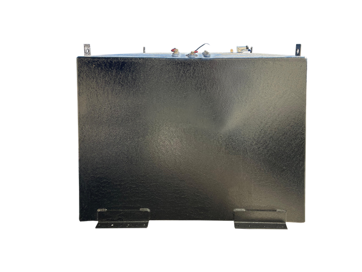 A profile photo showing the dark, heavily textured boat fuel tank. The tank features fittings and mounting tabs along the top edge, and two large black mounting tabs visible near the bottom, against a transparent checkerboard background.