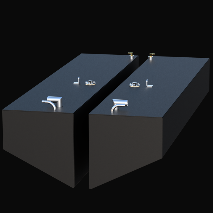 Perspective view of the White Water 28 Forward replacement fuel tank pair (75 gal each). The image displays the complete Port and Starboard set side-by-side, detailing the long rectangular "belly tank" design, angled hull bottoms, and full top-mounted fitting assembly.