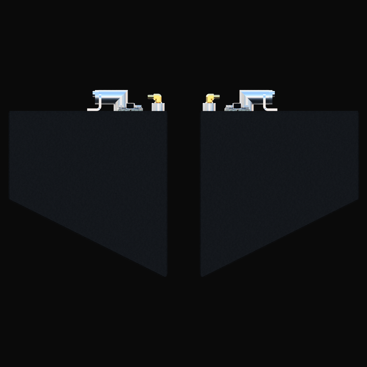 End elevation view of the White Water 28 Forward replacement fuel tank pair (75 gal each). The image displays both Port and Starboard units side-by-side, highlighting the specific deadrise angle designed to match the hull's V-shape, along with the top-mounted fill elbows and vent fittings.