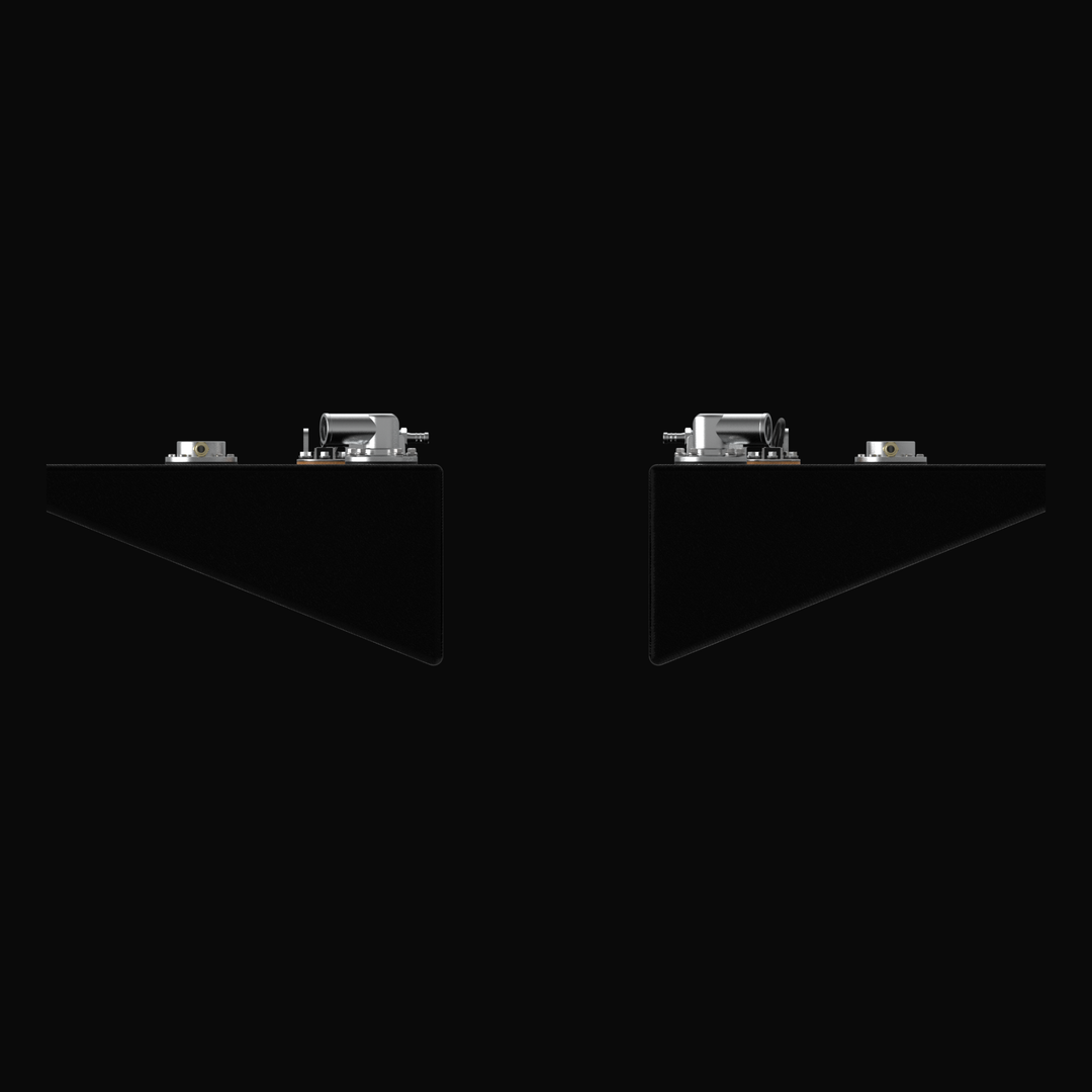 Cross-section profile 3D rendering of the mirrored port and starboard fuel tank set for a 2015-2026 Yellowfin 26 Hybrid, showcasing the specialized wedge-shaped hull contour, coal-tar epoxy finish, and low-profile top-mounted rigging hardware.