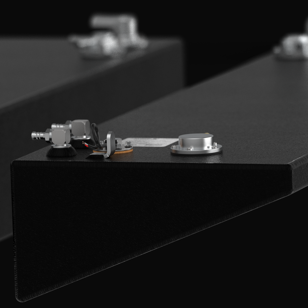 Detailed close-up 3D rendering of the rigging hardware for a 2015-2026 Yellowfin 26 Hybrid fuel tank, featuring a textured coal-tar epoxy finish, pre-installed fuel sending unit, brass pickup fittings, and a specialized wedge-shaped hull contour.