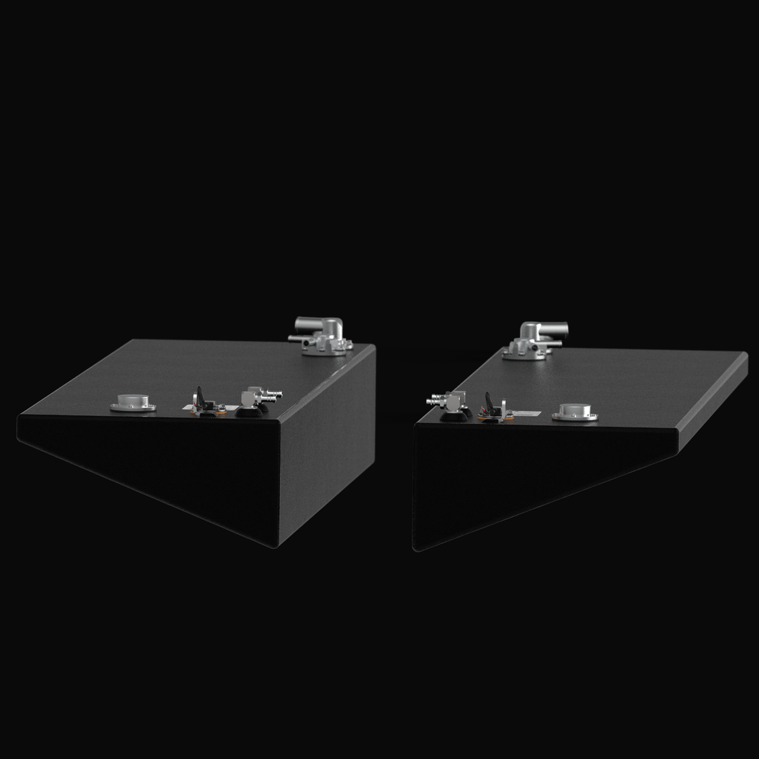 Side-profile 3D rendering of the Port and Starboard (STBD) 30-gallon fuel tank set for a 2015-2026 Yellowfin 26 Hybrid, highlighting the specialized wedge-shaped hull contour, textured coal-tar epoxy finish, and top-mounted rigging hardware.