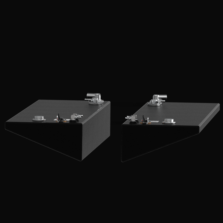 Side-profile 3D rendering of the Port and Starboard (STBD) 30-gallon fuel tank set for a 2015-2026 Yellowfin 26 Hybrid, highlighting the specialized wedge-shaped hull contour, textured coal-tar epoxy finish, and top-mounted rigging hardware.