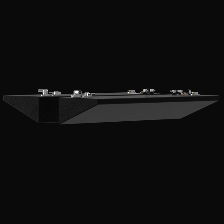 Side-profile 3D rendering of the mirrored port and starboard fuel tank set for a 2015-2026 Yellowfin 26 Hybrid, showcasing the specialized wedge-shaped hull contour, coal-tar epoxy protective finish, and pre-installed rigging hardware.