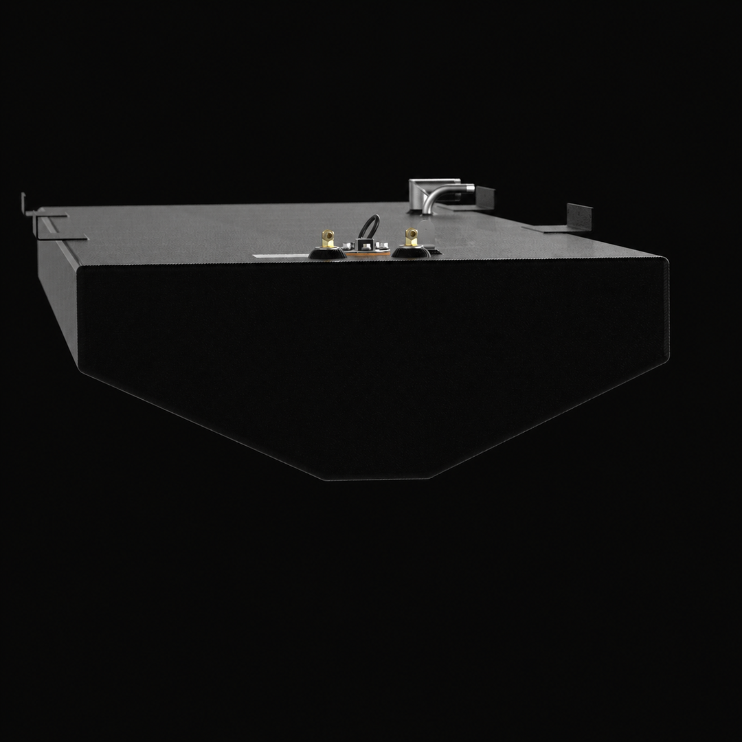 A straight-on end elevation profile view showcasing the shallow V-shaped hull-conforming bottom geometry of a black Action Marine 25 replacement marine fuel tank. This cross-sectional perspective illustrates how the angled bottom panels taper down to a narrow flat center section, custom-engineered by Welding World to align perfectly within the vessel's central bilge cavity. Fabricated from heavy-gauge marine-grade 5052-H32 aluminum, the 115-gallon tank body is fully protected by a textured, anti-corrosive b