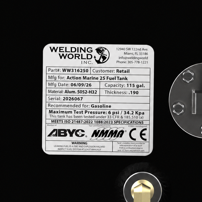 Close-up terminal-deck hardware layout view of a black Action Marine 25 replacement marine fuel tank. The image highlights the centralized mechanical hardware arrangement mounted on a heavy-gauge marine-grade 5052-H32 aluminum tank body, which is fully encapsulated in a textured, anti-corrosive black TarGard epoxy coating. This 115-gallon configuration includes an integrated electronic fuel level sending unit with wire leads, structural grounding tabs, a manufacturer specification data placard listing part 