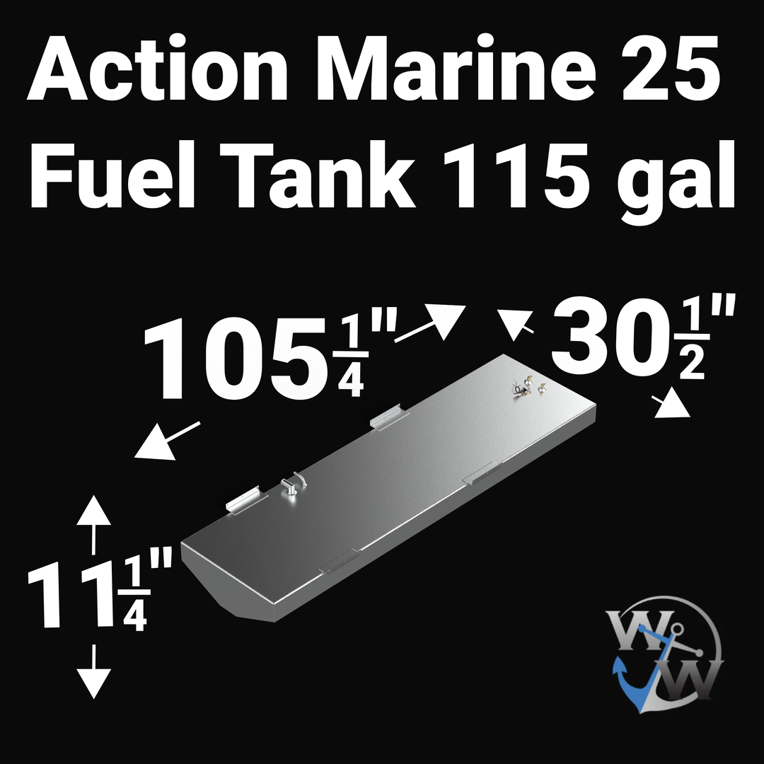 Dimensional technical diagram for a raw aluminum Action Marine 25 replacement marine fuel tank featuring a 115-gallon design. The graphic displays precise technical specifications with measurements of 105 1/4" length, 30 1/2" width, and 11 1/4" height, showcasing an elongated profile with side-mounted mounting flanges and a shallow V-shaped angled bottom contour profile engineered to conform seamlessly to the central hull cavity. The top deck displays an unsealed variant layout complete with a mid-mounted 9