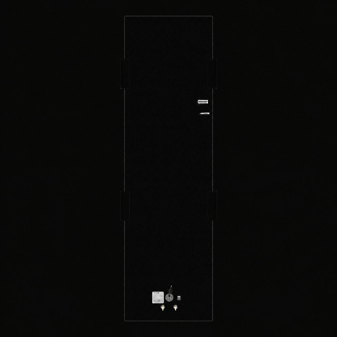 A top-down vertical aerial view detailing the plumbing layout and anchoring hardware of a black Action Marine 25 replacement marine fuel tank. This bird's-eye perspective showcases the expansive, slim rectangular flat deck of a 115-gallon center-hull fuel cell, precision-fabricated from heavy-gauge marine-grade 5052-H32 aluminum and fully protected by an anti-corrosive, textured black TarGard epoxy coating. The top surface displays side-mounted structural mounting brackets along the perimeter, with a 90-deg