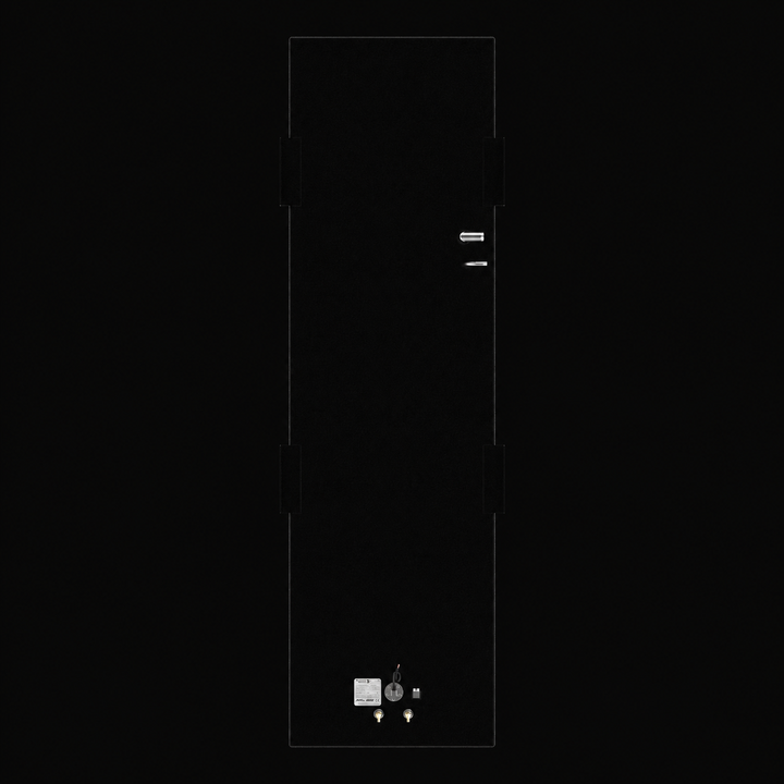 A top-down vertical aerial view detailing the plumbing layout and anchoring hardware of a black Action Marine 25 replacement marine fuel tank. This bird's-eye perspective showcases the expansive, slim rectangular flat deck of a 115-gallon center-hull fuel cell, precision-fabricated from heavy-gauge marine-grade 5052-H32 aluminum and fully protected by an anti-corrosive, textured black TarGard epoxy coating. The top surface displays side-mounted structural mounting brackets along the perimeter, with a 90-deg