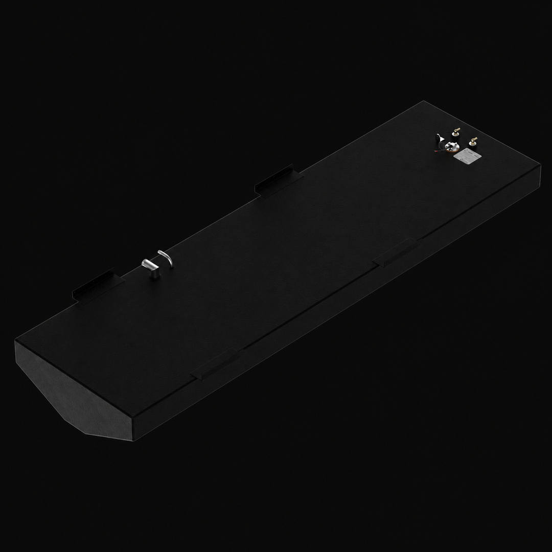 A high-angle isometric perspective view of an elongated black Action Marine 25 replacement marine fuel tank. This high-performance 115-gallon center-hull fuel cell features a flat top deck integrated with a shallow V-shaped hull-conforming bottom profile engineered by Welding World to seat flush within the vessel's central bilge. Precision-fabricated from heavy-gauge marine-grade 5052-H32 aluminum, the structure is completely encapsulated in an anti-corrosive, textured black TarGard epoxy coating and outfit