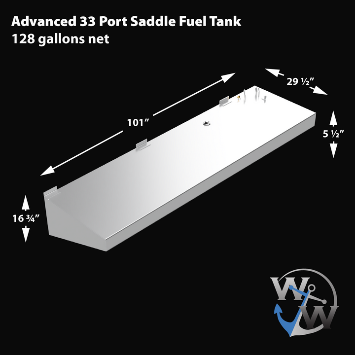 3D model of an Advanced 33 Port Saddle Fuel Tank, showing dimensions. The tank is 101 inches long, 29.5 inches wide, 16.75 inches tall on one side, and 5.5 inches tall on the other. The tank has mounting tabs and fittings on top. The tank capacity is 128 gallons net. The image has a black background with the Welding World logo in the bottom right corner