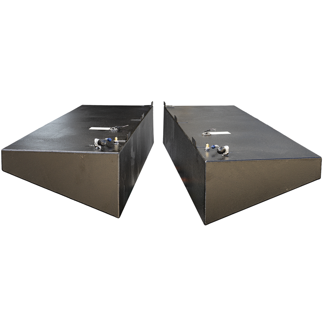 3D model of an Advanced 33 Port Saddle Fuel Tank, showing dimensions. The tank is 101 inches long, 29.5 inches wide, 16.75 inches tall on one side, and 5.5 inches tall on the other. The tank has mounting tabs and fittings on top. The tank capacity is 128 gallons net. The image has a black background with the Welding World logo in the bottom right corner