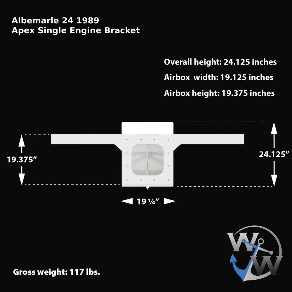 Diagram of the Albemarle 24 1989 Apex Single Engine Bracket, featuring overall dimensions of 24.125 inches in height, 19.125 inches in width, and 19.375 inches in height for the airbox. The bracket has a gross weight of 117 lbs