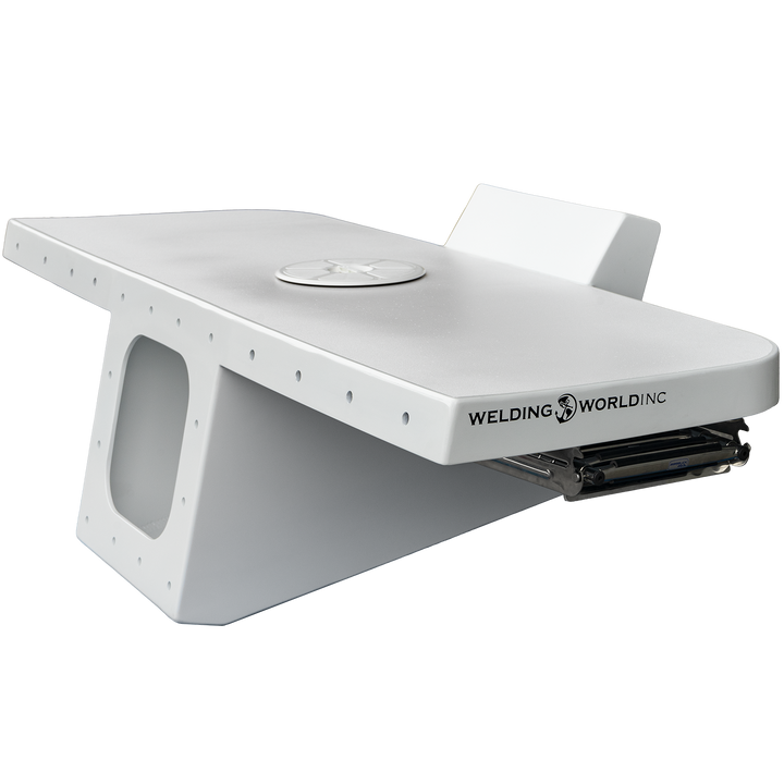 A white Albemarle 24 1989 Apex single engine bracket with a sleek design, featuring the logo 'Welding World' prominently displayed on the side. The background is a transparent checkerboard pattern