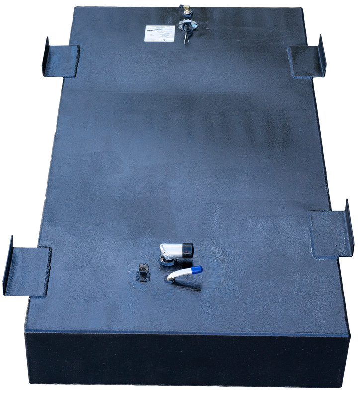 OEM replacement belly fuel tank for Contender boats, measuring 25 to 28 feet, with a capacity of 180 gallons. The tank features a black finish and includes fittings for fuel connections
