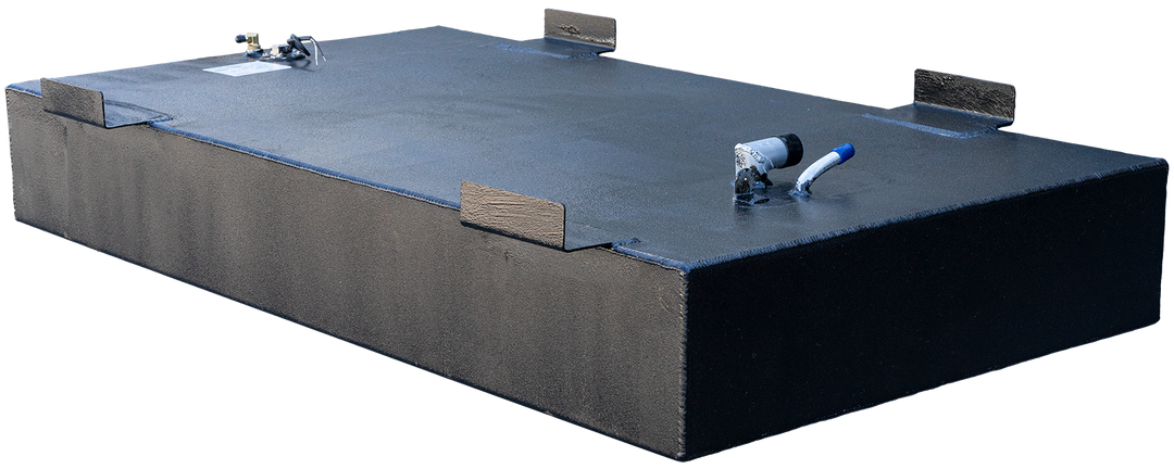 OEM replacement belly fuel tank for Contender boats, available in 25' and 28' sizes, with a capacity of 180 gallons, featuring a sleek design and fuel connection fittings