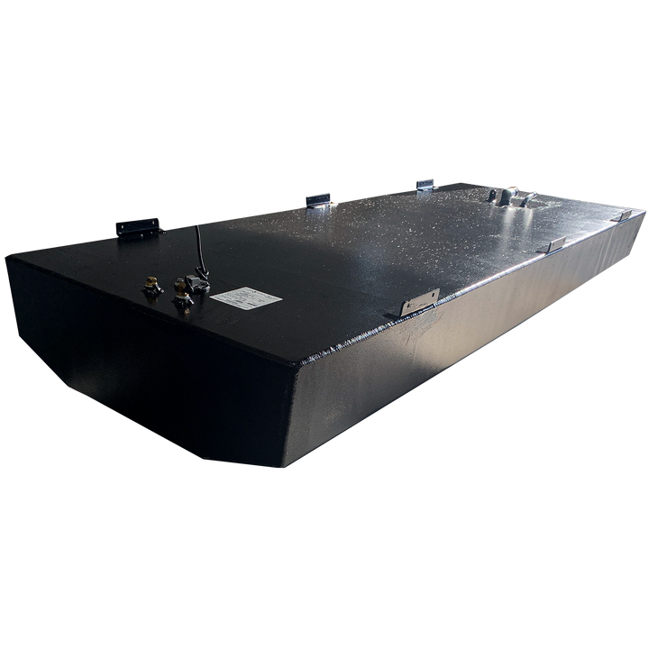 Angler 22 FX OEM replacement belly fuel tank with a capacity of 110 gallons, featuring a sleek black design and multiple fittings on the surface