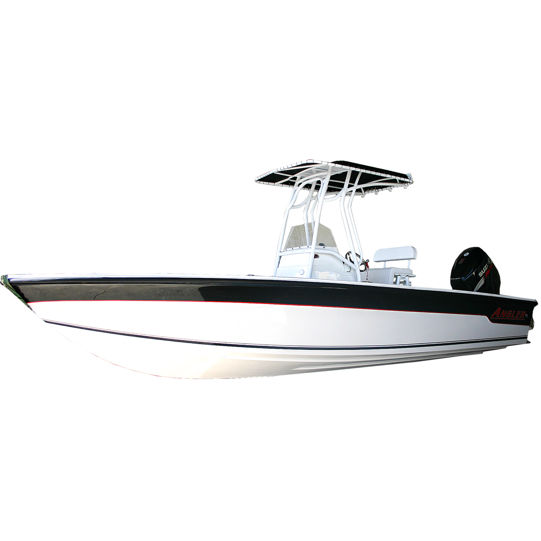 Angler 22 FX boat with a sleek design, featuring a 110-gallon OEM replacement belly fuel tank, shown against a transparent background