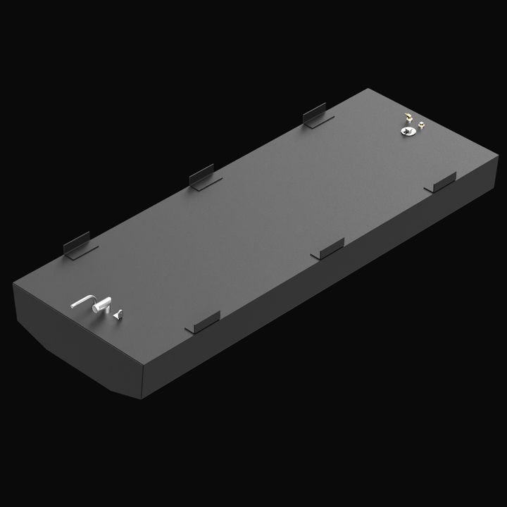 3D render of a matte black rectangular belly marine fuel tank with angled front edges and six mounting brackets around its sides. On the top surface, there are various fittings including two silver pipes at the bottom left, a small bracket, a round silver cap, a brass valve, and another smaller brass fitting at the top right. The tank is displayed against a black background.