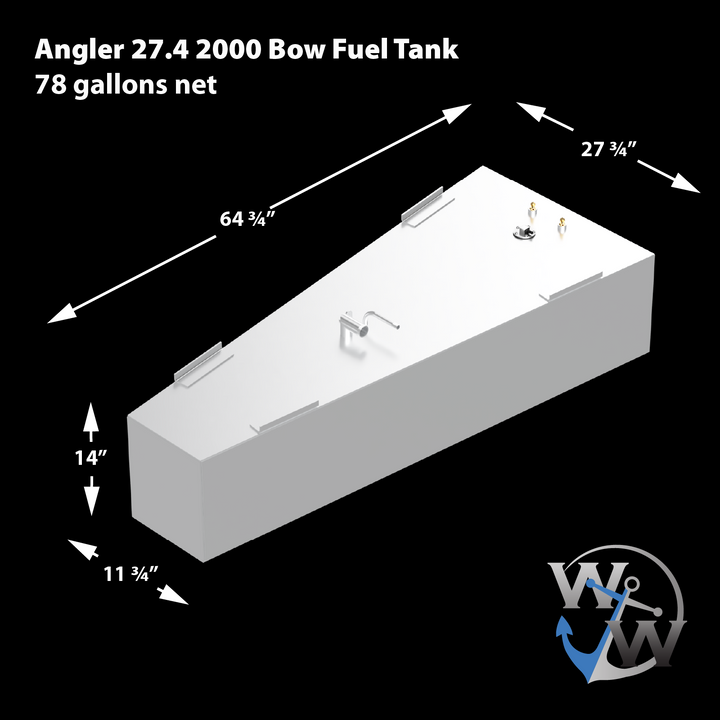 Angler 27.4 2000 Bow Fuel Tank, a rectangular fuel tank with dimensions 27.75 inches in length, 64 inches in width, and 14 inches in height, featuring a 78-gallon capacity, designed for OEM replacement in boats