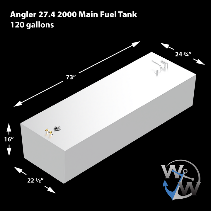 Diagram of the Angler 27.4 2000 Main Fuel Tank, 120 gallons capacity, featuring dimensions of 73 inches in length, 24¾ inches in width, and 16 inches in height, with connection points for fuel lines