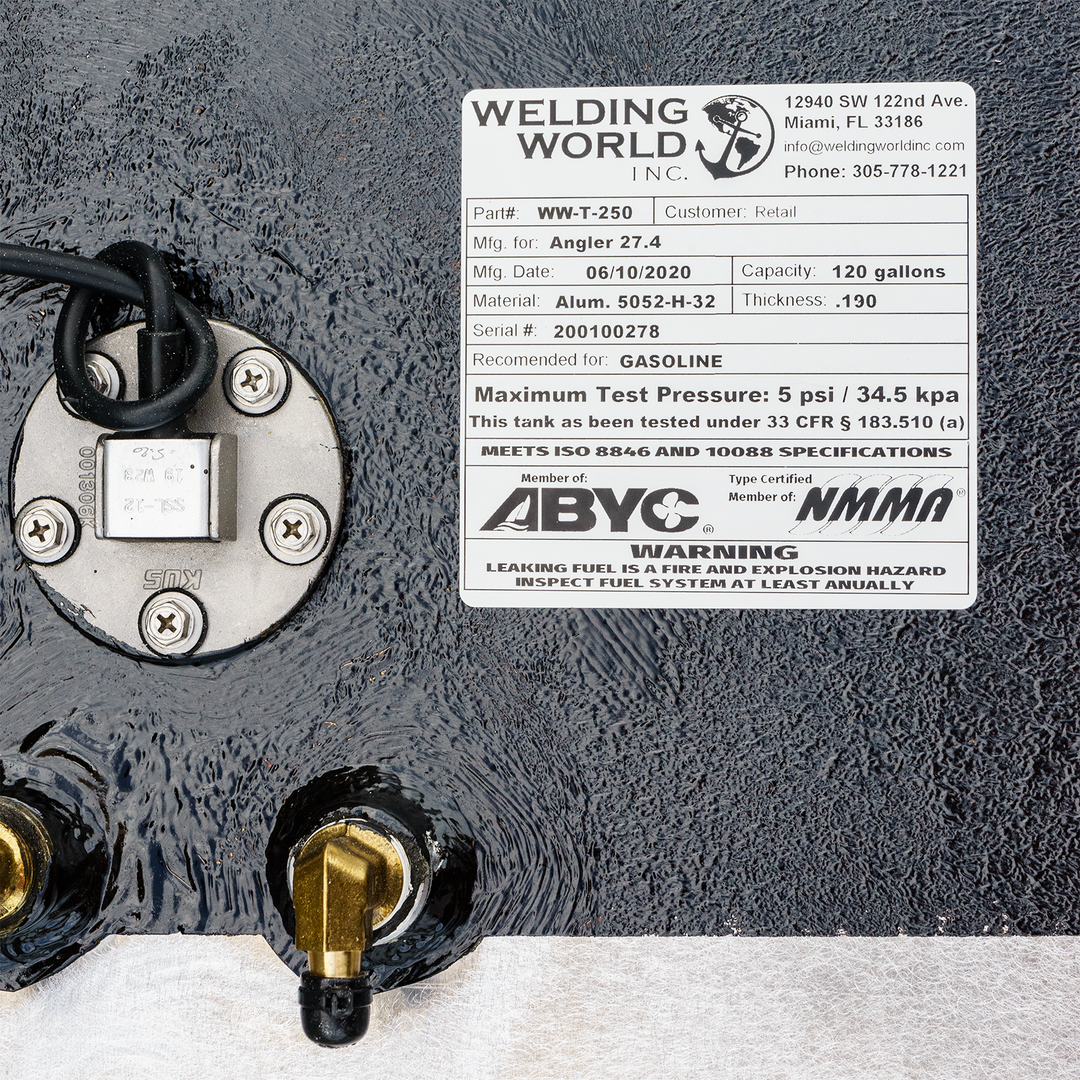 OEM replacement bow and belly fuel tank combo kit for Angler 27.4, featuring a maximum test pressure of 35 psi, made from material labeled as gasoline, with a part number of 200100278. The image shows the fuel tank's connection points and safety warnings
