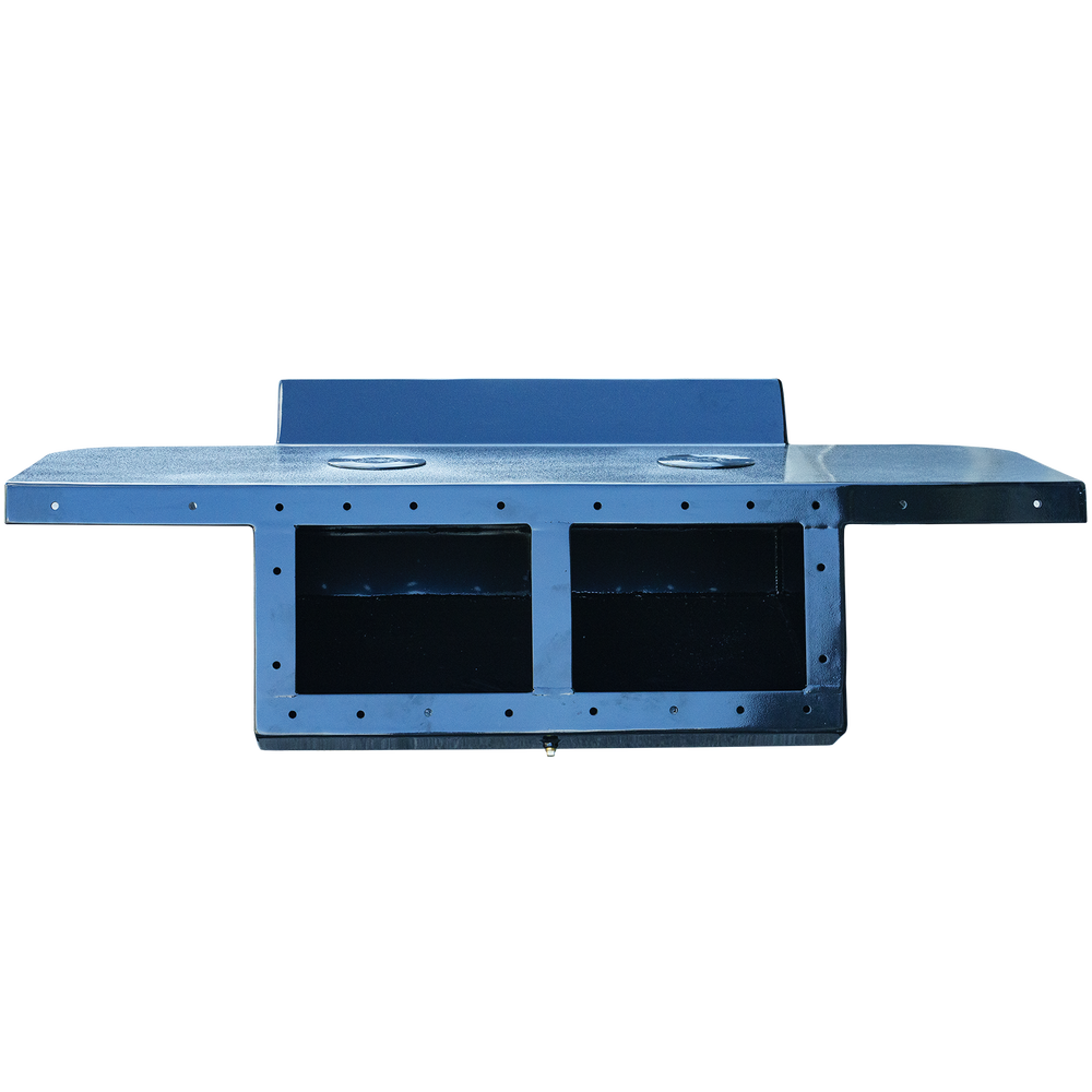 A custom-built high flotation single outboard engine bracket, featuring a sturdy metal construction with two rectangular cutouts and multiple mounting holes along the edges, designed for enhanced stability and support. The bracket is shown against a transparent background