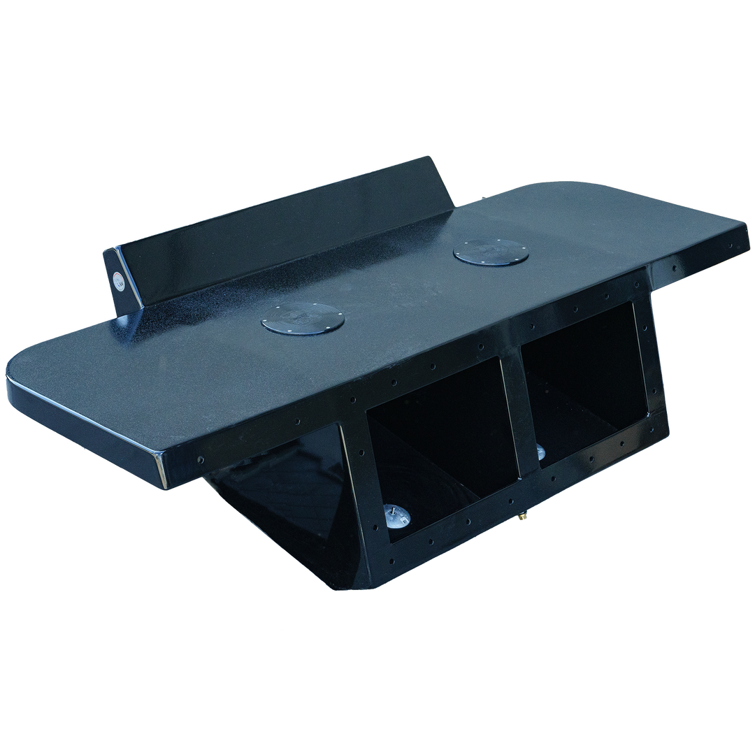 A custom-built high flotation single outboard engine bracket, featuring a flat, textured black surface with two circular access plates and an angled back support. The bracket has open compartments underneath for storage or mounting purposes