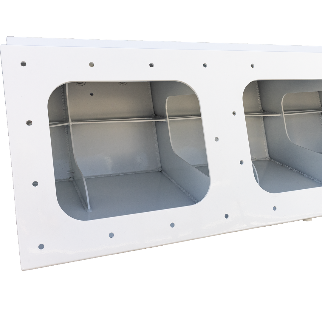 A white metal bracket labeled "Apex Triple NSP 3-Engine Bracket," featuring two large rectangular openings and multiple screw holes around the edges for mounting. The background is transparent with a checkered pattern.

