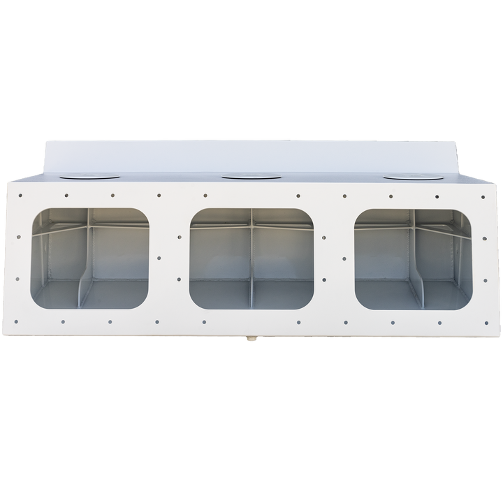 Apex Triple NSP 3-Engine Bracket featuring a white exterior with three rectangular openings, designed for engine mounting, showcasing an interior structure divided into compartments.