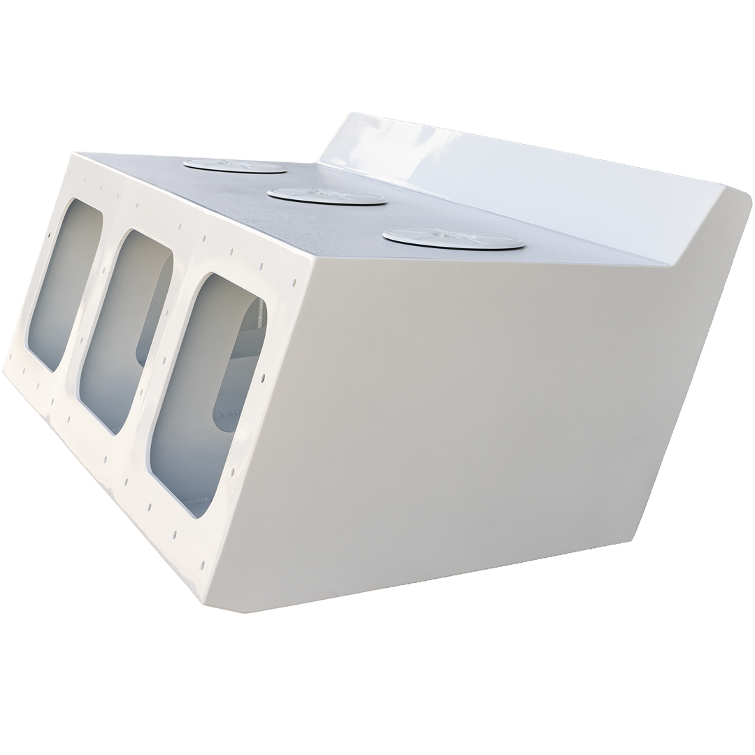 Apex Triple NSP 3-Engine Bracket, a white, angular component designed to hold three engines, featuring three cut-out sections for engine placement, displayed against a transparent background