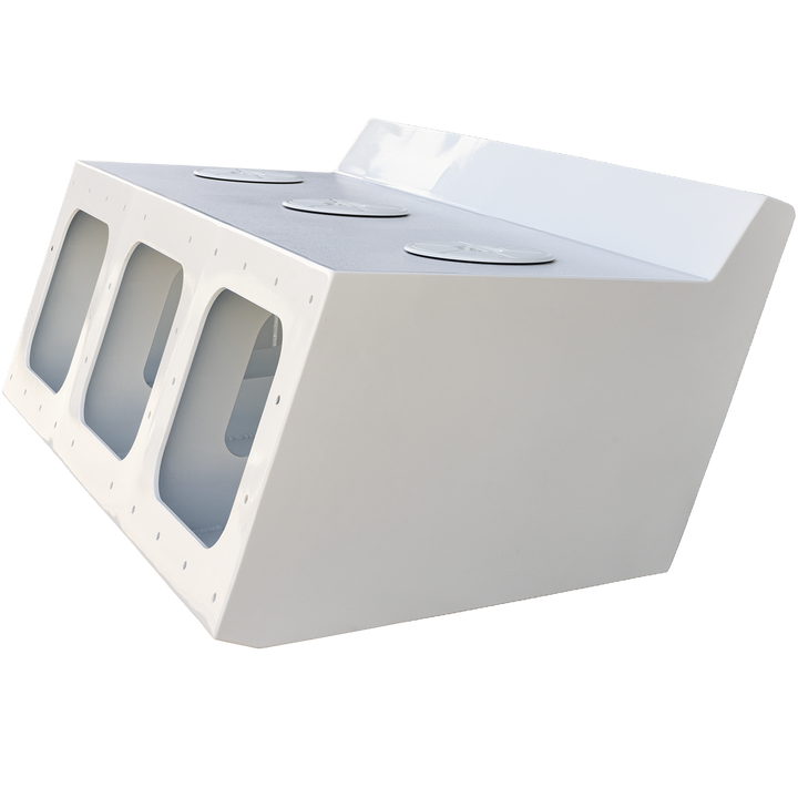 Apex Triple NSP 3-Engine Bracket, a white, angular component designed to hold three engines, featuring three cut-out sections for engine placement, displayed against a transparent background