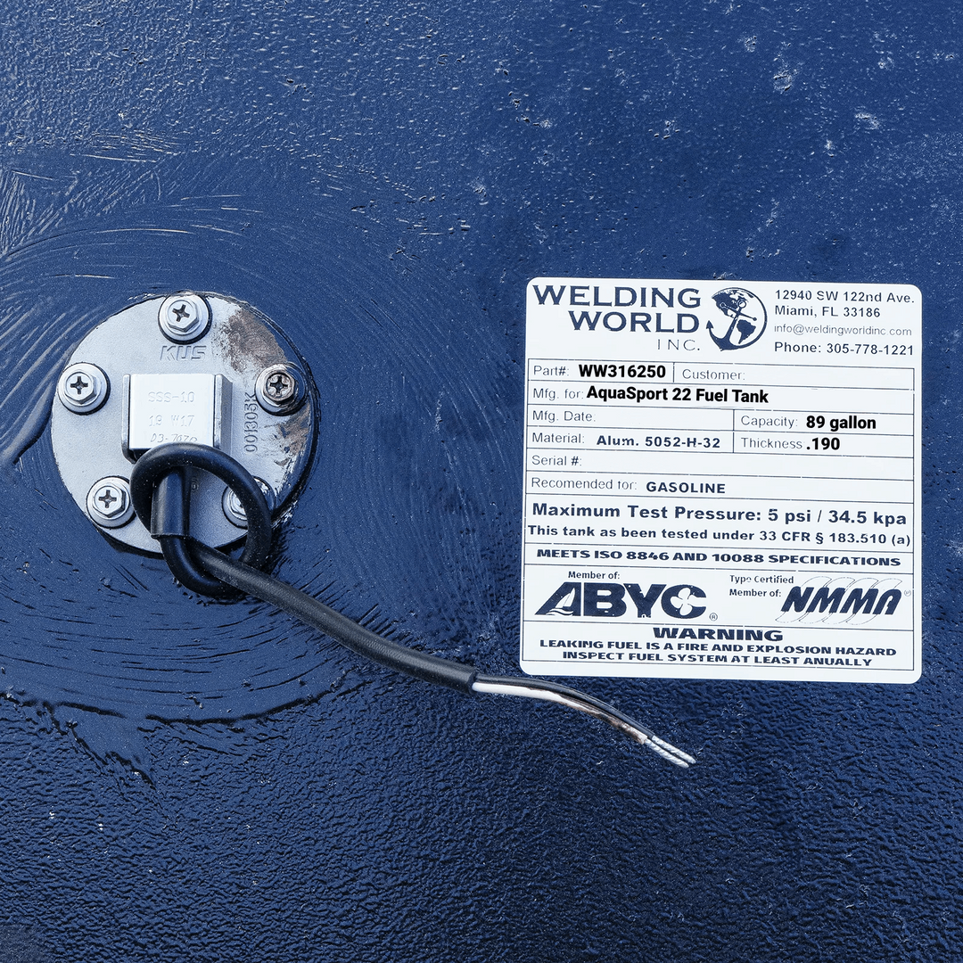 AquaSport 22 fuel tank label: 89 gal capacity, ABYC/NMMA certified, showing KUS fuel sending unit connection.