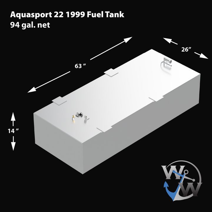 3D render showing a rectangular Built to OEM Specs fuel tank for Aquasport 22 1999 with dimensions and fittings. The tank is light gray with mounting brackets on the edges. Dimensions indicated: 63 inches long, 26 inches wide, and 14 inches tall. Several fittings and connectors are visible on the top surface. The background is black. Text in bold white at the top left states: "Aquasport 22 1999 Fuel Tank 94 gal. net