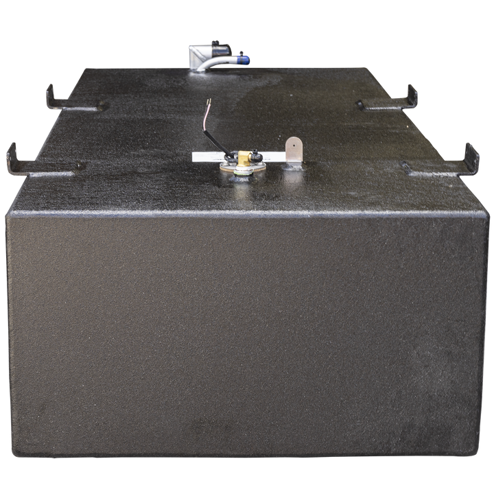 Photo showing a front view of a black Built to OEM Specs fuel tank. The tank has a textured matte finish and four mounting brackets on the top edges. There are multiple fittings and a wire connector on the top surface. The background is transparent.