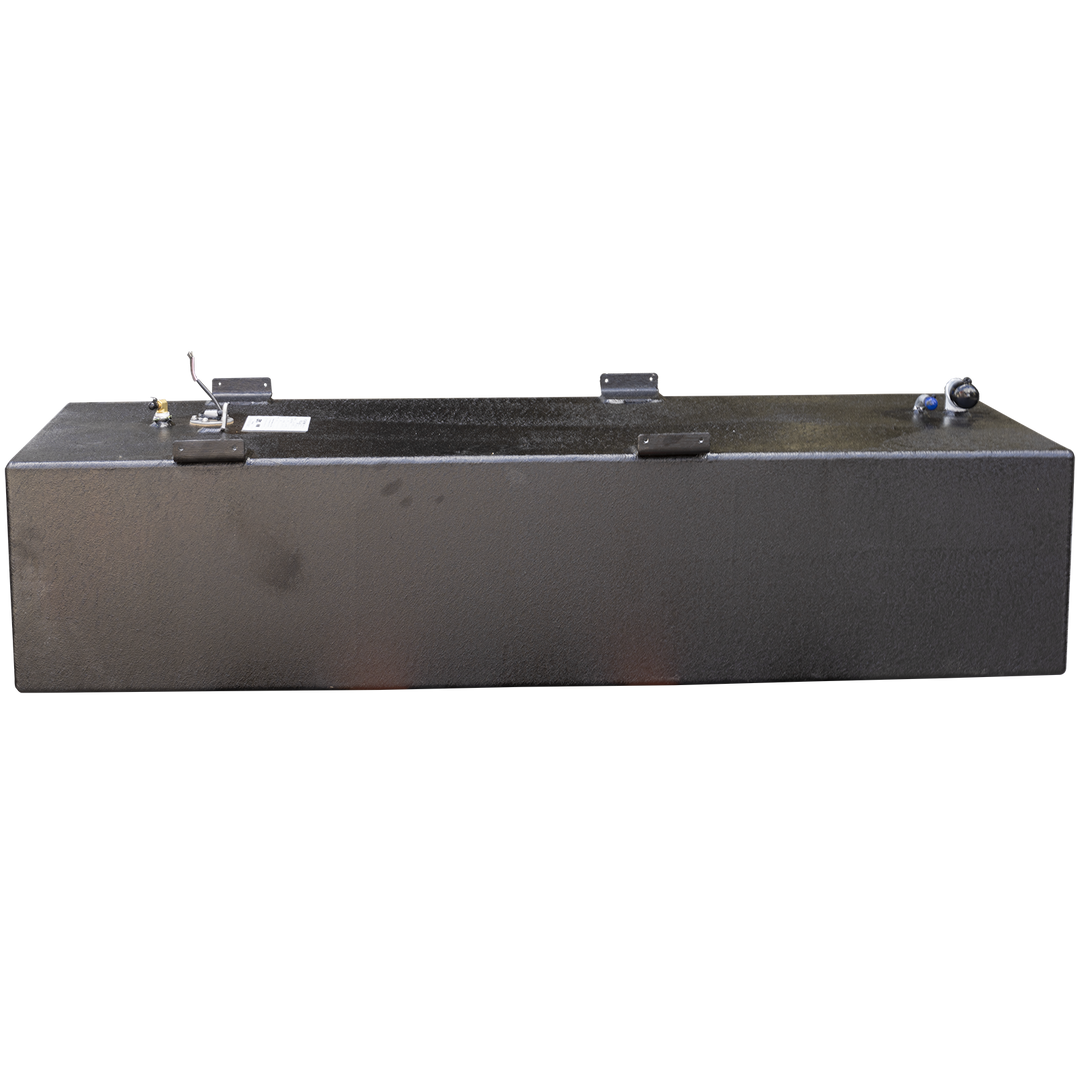 Photo showing a wide front view of a black Built to OEM Specs fuel tank with a textured matte finish. The tank features four mounting brackets along the top edge and multiple fittings and connectors on the top surface, including a wire connector. The background is transparent