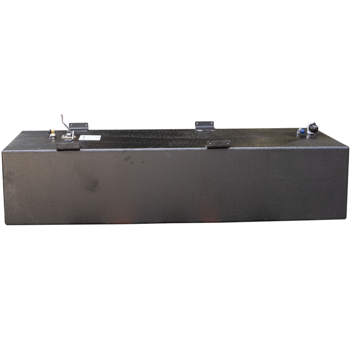 Photo showing a wide front view of a black Built to OEM Specs fuel tank with a textured matte finish. The tank features four mounting brackets along the top edge and multiple fittings and connectors on the top surface, including a wire connector. The background is transparent