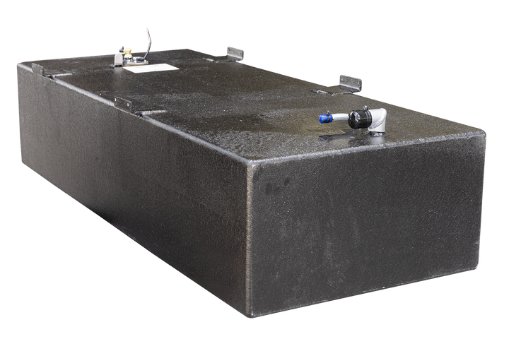 Photo showing a black Built to OEM Specs fuel tank with a textured matte finish from a front angle. The tank features four mounting brackets along the top edge and a variety of fittings on the top surface including a white plastic pipe with a blue fitting and a black protective cover. The background is transparent