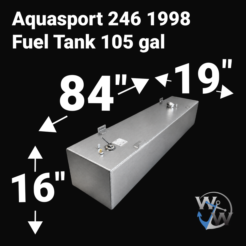 Dimensional technical diagram for a raw aluminum Aquasport 246 1998 Fuel Tank 105 gal replacement from file image_ee5817.jpg. The graphic displays precise technical specifications with measurements of 84" length, 19" width, and 16" height, showcasing an elongated, narrow rectangular coffin-style box design engineered by Welding World to conform perfectly to the boat's central center-console floor stringer grid. The unsealed variant raw tank body features heavy-duty welded aluminum mounting brackets along it