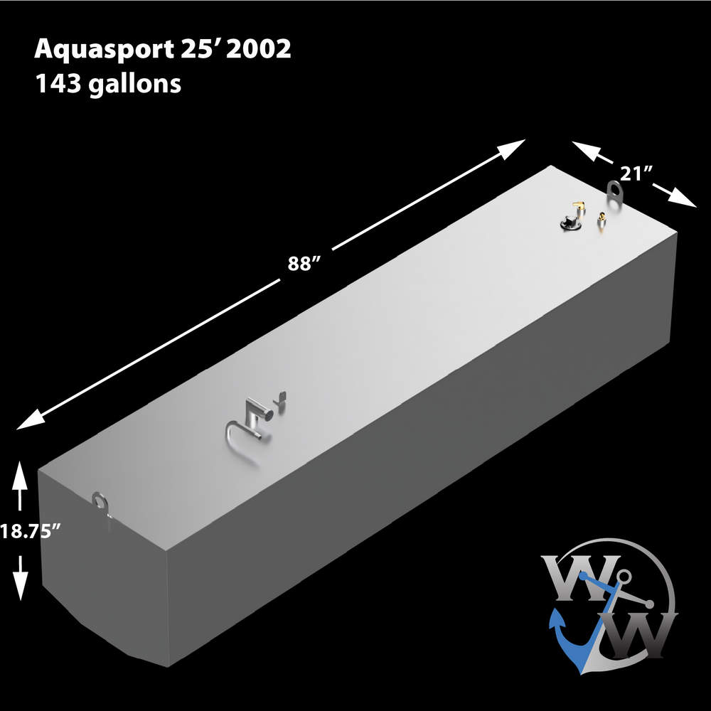Diagram of a 143-gallon fuel tank for an Aquasport 25' boat from 2002, featuring dimensions of 88 inches in length, 21 inches in width, and 18.75 inches in height, with fittings visible on the top