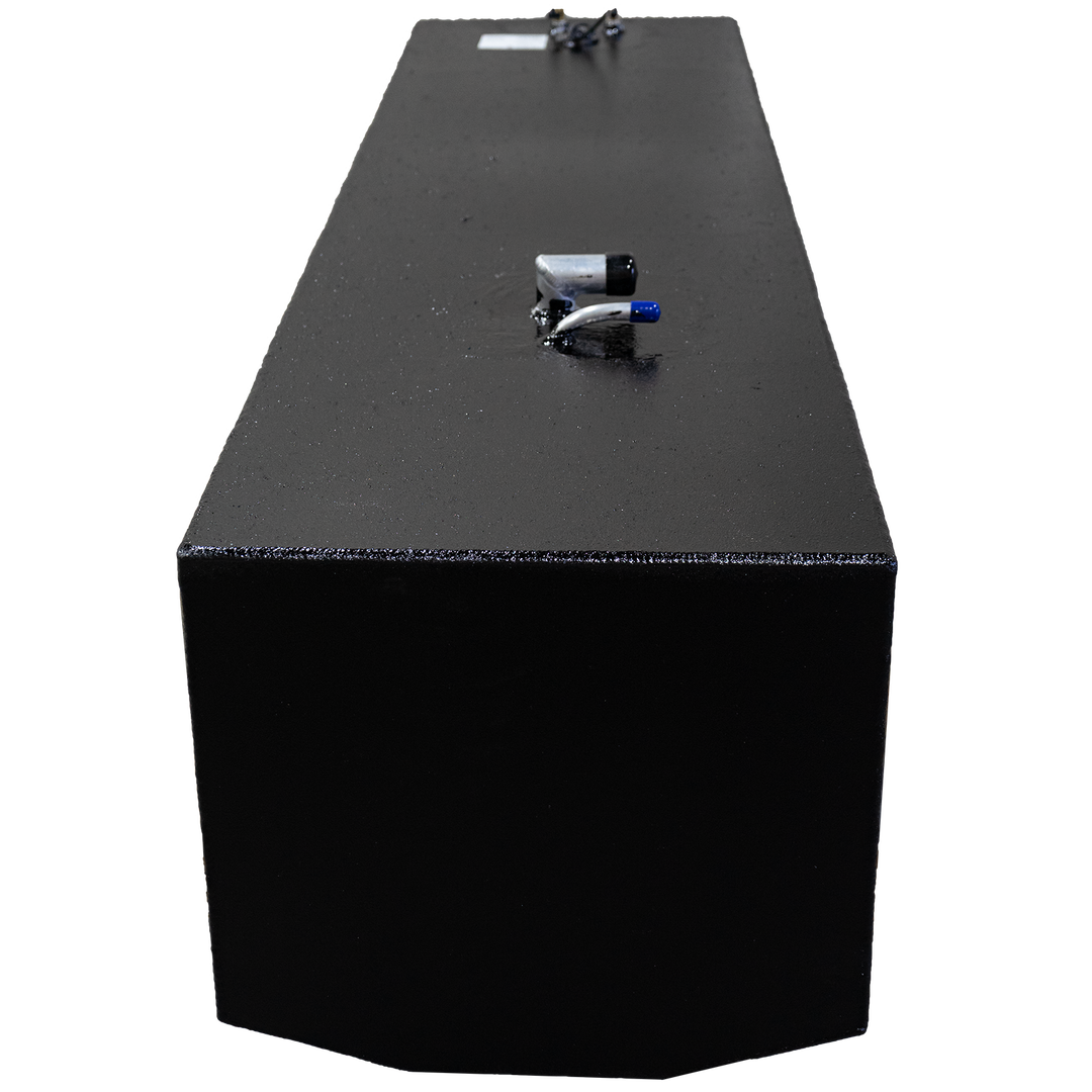 143-gallon black aluminum fuel tank designed for a 2002 Aquasport 25', shown from a front angle with visible fittings on top