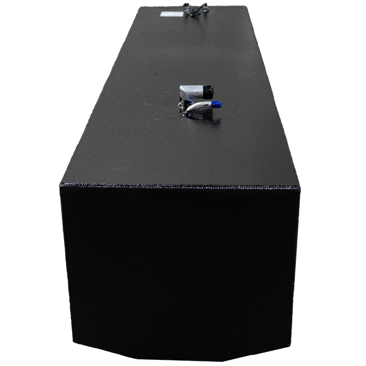 143-gallon black aluminum fuel tank designed for a 2002 Aquasport 25', shown from a front angle with visible fittings on top