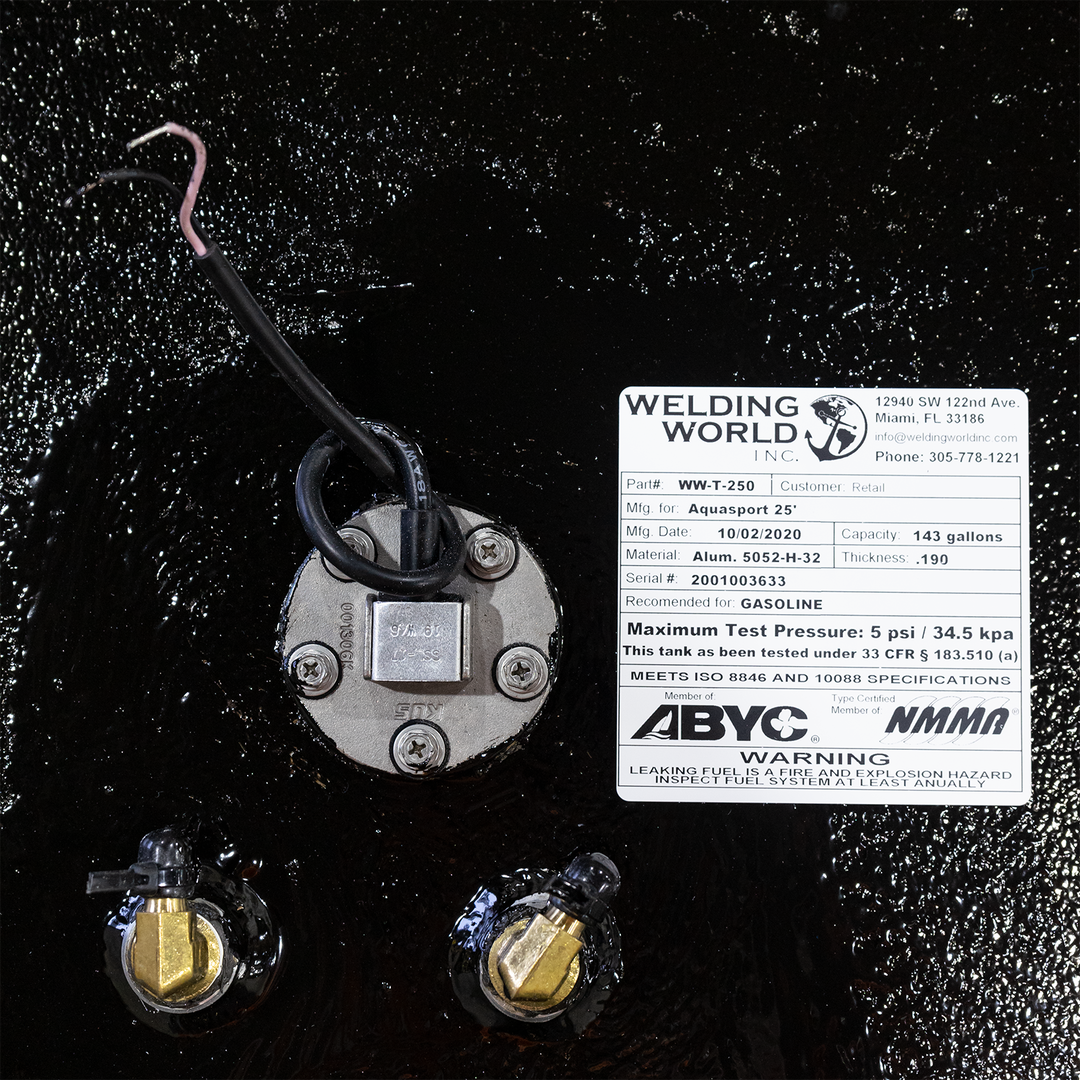 143-gallon black aluminum fuel tank designed for a 2002 Aquasport 25', shown from a front angle with visible fittings on top